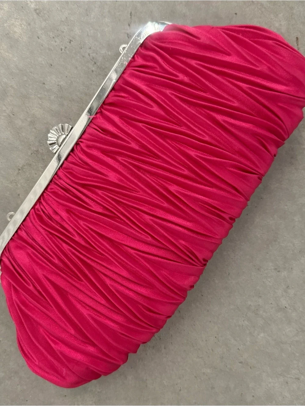 Hot Pink Satin Evening Clutch with Silverplate Trim and Rhinestone Accents